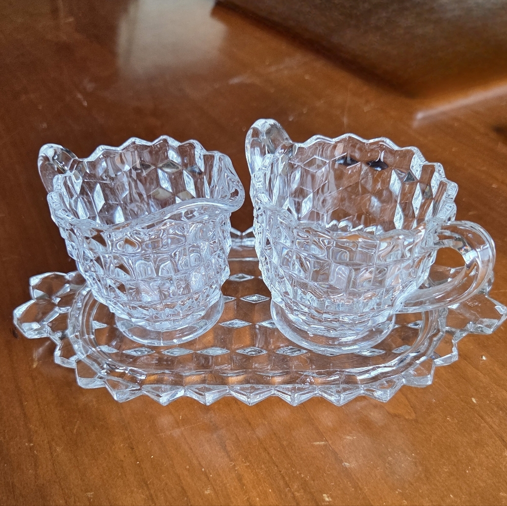 3 Piece Fostoria American Clear Glass Creamer Sugar And Tray